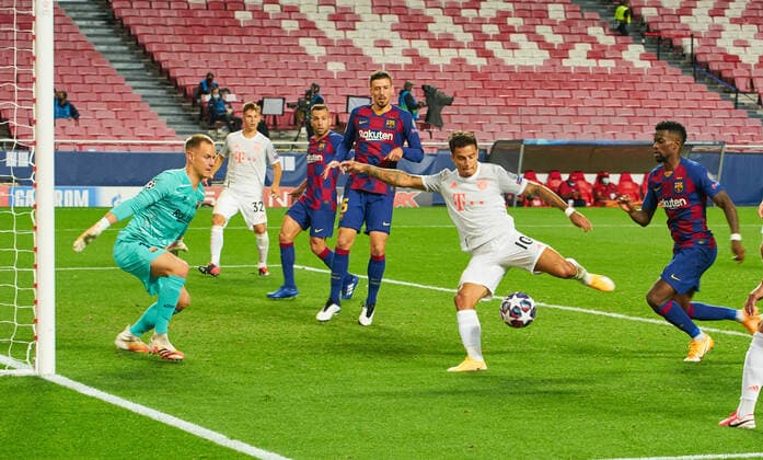 FC BAYERN MUENCHEN - FC Barcelona, Barca 8-2 , Football UEFA Champions League Lisbon, Lissabon, Portugal, 14th August 2020. Philippe COUTINHO, FCB 10 scores, shoots goal 8-2 , Tor, Treffer, Marc-Andre TER STEGEN, Barca 1 Nelson SEMEDO, Barca 2 Sergio BUSQUETS, Barca 5 in the quarterfinal UEFA Champions League match final tournament FC BAYERN MUENCHEN - FC BARCELONA 8-2 in Season 2019 2020, FCB, Munich, Barca Photographer: Peter Schatz Pool - UEFA REGULATIONS PROHIBIT ANY USE OF PHOTOGRAPHS as IMAGE SEQUENCES and or QUASI-VIDEO - National and international News-Agencies OUT Editorial Use ONLY Lisbon Estadio da Luz de Benfica Portugal