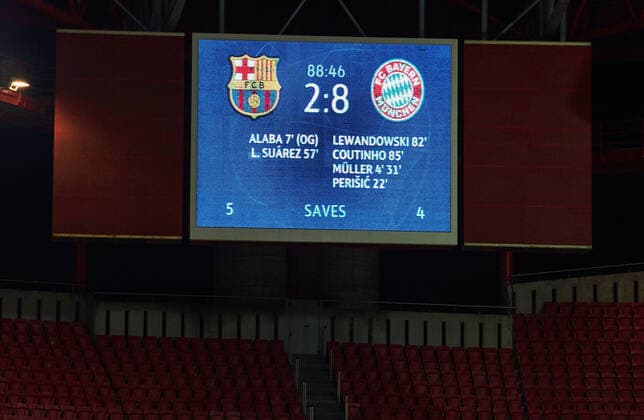 FC BAYERN MUENCHEN - FC Barcelona, Barca 8-2 , Football UEFA Champions League Lisbon, Lissabon, Portugal, 14th August 2020. Philippe COUTINHO, FCB 10 scores, shoots goal 8-2 , screen board in the quarterfinal UEFA Champions League match final tournament FC BAYERN MUENCHEN - FC BARCELONA 8-2 in Season 2019 2020, FCB, Munich, Barca Photographer: Peter Schatz Pool - UEFA REGULATIONS PROHIBIT ANY USE OF PHOTOGRAPHS as IMAGE SEQUENCES and or QUASI-VIDEO - National and international News-Agencies OUT Editorial Use ONLY Lisbon Estadio da Luz de Benfica Portugal