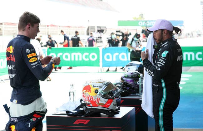 Motorsports: FIA Formula One World Championship, WM, Weltmeisterschaft 2020, Grand Prix of Spain Motorsports: FIA Formula One World Championship 2020, Grand Prix of Spain, 33 Max Verstappen (NLD, Aston Martin Red Bull Racing), 44 Lewis Hamilton (GBR, Mercedes-AMG Petronas Formula One Team),