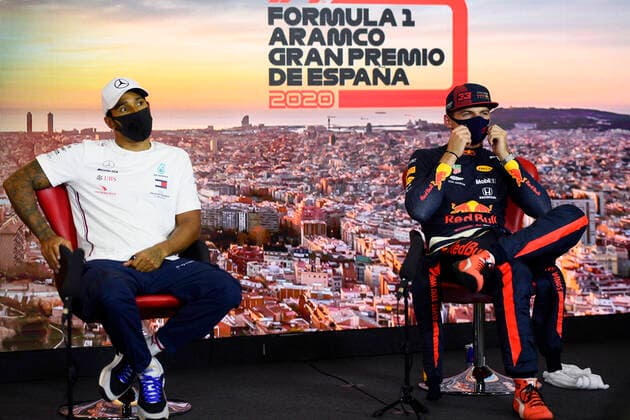 Motorsports: FIA Formula One World Championship, WM, Weltmeisterschaft 2020, Grand Prix of Spain Motorsports: FIA Formula One World Championship 2020, Grand Prix of Spain, 44 Lewis Hamilton (GBR, Mercedes-AMG Petronas Formula One Team), 33 Max Verstappen (NLD, Aston Martin Red Bull Racing),