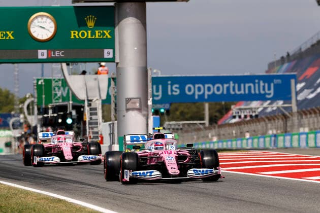 Motorsports: FIA Formula One World Championship, WM, Weltmeisterschaft 2020, Grand Prix of Spain, 18 Lance Stroll (CAN, BWT Racing Point F1 Team), 11 Sergio Perez (MEX, BWT Racing Point F1 Team), Barcelona Spain