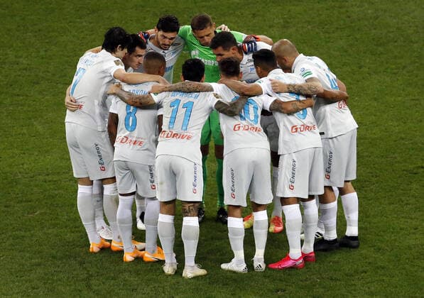 ROSTOV-ON-DON, RUSSIA â€“ AUGUST 15, 2020: Zenit St Petersburg players celebrate a goal scored against FC Rostov in their 2020 2021 Russian Premier League Round 2 football match at Rostov Arena. Valery Matytsin TASS  TS0E36B9