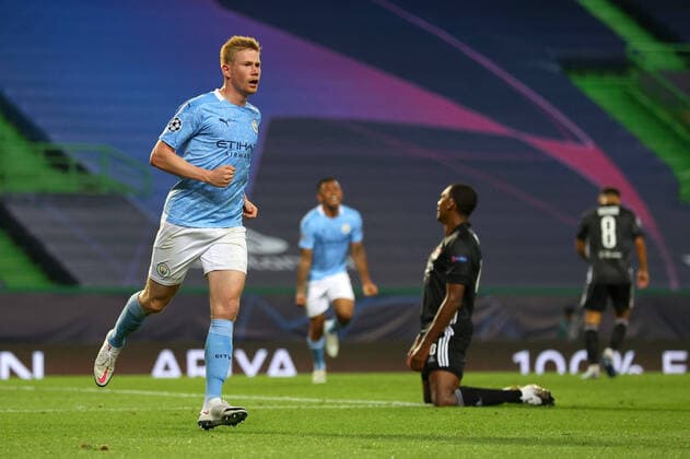 FOOTBALL : Manchester City vs Olympique Lyonnais - 1 4 - Phase finale - UEFA Ligue des Champions - Final 8 - Lisbonne - 15 08 2020 LISBON, PORTUGAL - AUGUST 15: Kevin De Bruyne of Manchester City celebrates after scoring his team s first goal during the UEFA Champions League Quarter Final match between Manchester City and Lyon at Estadio Jose Alvalade on August 15, 2020 in Lisbon, Portugal. Lisbonne Portugal