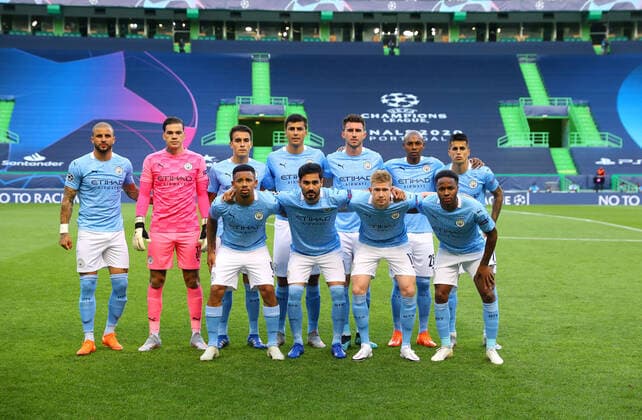 FOOTBALL : Manchester City vs Olympique Lyonnais - 1 4 - Phase finale - UEFA Ligue des Champions - Final 8 - Lisbonne - 15 08 2020 LISBON, PORTUGAL - AUGUST 15: The Manchester City team line up, Mannschaftsbild, Totale prior to the UEFA Champions League Quarter Final match between Manchester City and Lyon at Estadio Jose Alvalade on August 15, 2020 in Lisbon, Portugal. Lisbonne Portugal