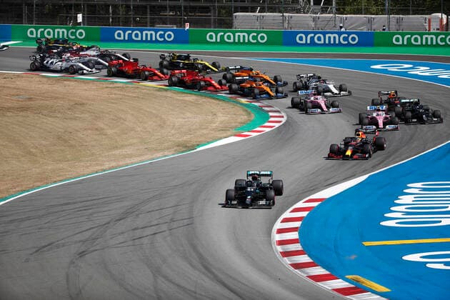 Motorsports: FIA Formula One World Championship, WM, Weltmeisterschaft 2020, Grand Prix of Spain Motorsports: FIA Formula One World Championship 2020, Grand Prix of Spain, Start, 44 Lewis Hamilton (GBR, Mercedes-AMG Petronas Formula One Team), 33 Max Verstappen (NLD, Aston Martin Red Bull Racing), 18 Lance Stroll (CAN, BWT Racing Point F1 Team), 77 Valtteri Bottas (FIN, Mercedes-AMG Petronas Formula One Team), 23 Alexander Albon (THA, Aston Martin Red Bull Racing), 11 Sergio Perez (MEX, BWT Racing Point F1 Team),