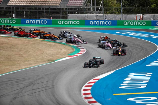 Motorsports: FIA Formula One World Championship, WM, Weltmeisterschaft 2020, Grand Prix of Spain Motorsports: FIA Formula One World Championship 2020, Grand Prix of Spain, Start, 44 Lewis Hamilton (GBR, Mercedes-AMG Petronas Formula One Team), 33 Max Verstappen (NLD, Aston Martin Red Bull Racing), 18 Lance Stroll (CAN, BWT Racing Point F1 Team), 77 Valtteri Bottas (FIN, Mercedes-AMG Petronas Formula One Team), 23 Alexander Albon (THA, Aston Martin Red Bull Racing), 11 Sergio Perez (MEX, BWT Racing Point F1 Team),