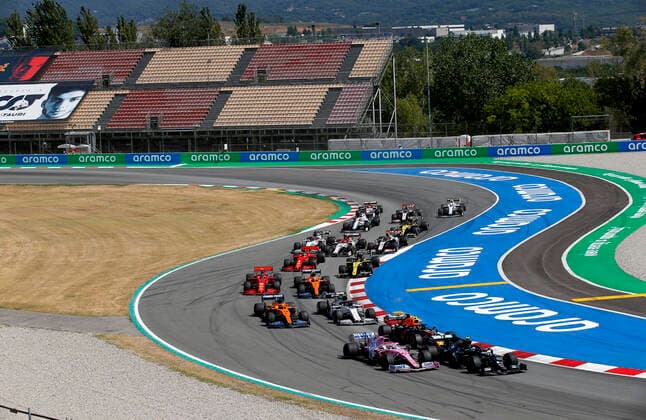 Motorsports: FIA Formula One World Championship, WM, Weltmeisterschaft 2020, Grand Prix of Spain, Start, 77 Valtteri Bottas (FIN, Mercedes-AMG Petronas Formula One Team), 11 Sergio Perez (MEX, BWT Racing Point F1 Team), 23 Alexander Albon (THA, Aston Martin Red Bull Racing), 55 Carlos Sainz (ESP, McLaren F1 Team), 10 Pierre Gasly (FRA, Scuderia AlphaTauri Honda), 16 Charles Leclerc (MCO, Scuderia Ferrari Mission Winnow), 4 Lando Norris (GBR, McLaren F1 Team), Barcelona Spain