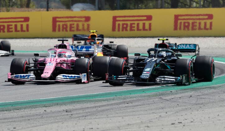 Motorsports: FIA Formula One World Championship, WM, Weltmeisterschaft 2020, Grand Prix of Spain Motorsports: FIA Formula One World Championship 2020, Grand Prix of Spain, 11 Sergio Perez (MEX, BWT Racing Point F1 Team), 77 Valtteri Bottas (FIN, Mercedes-AMG Petronas Formula One Team),
