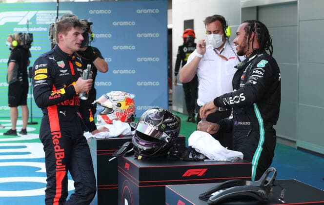 Motorsports: FIA Formula One World Championship, WM, Weltmeisterschaft 2020, Grand Prix of Spain Motorsports: FIA Formula One World Championship 2020, Grand Prix of Spain, 33 Max Verstappen (NLD, Aston Martin Red Bull Racing), 44 Lewis Hamilton (GBR, Mercedes-AMG Petronas Formula One Team),