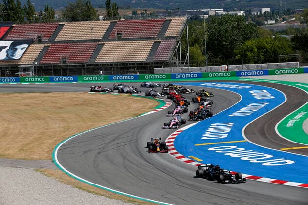 Motorsports: FIA Formula One World Championship, WM, Weltmeisterschaft 2020, Grand Prix of Spain, Start, 44 Lewis Hamilton (GBR, Mercedes-AMG Petronas Formula One Team), 33 Max Verstappen (NLD, Aston Martin Red Bull Racing), 18 Lance Stroll (CAN, BWT Racing Point F1 Team), 77 Valtteri Bottas (FIN, Mercedes-AMG Petronas Formula One Team), 23 Alexander Albon (THA, Aston Martin Red Bull Racing), 11 Sergio Perez (MEX, BWT Racing Point F1 Team), Barcelona Spain