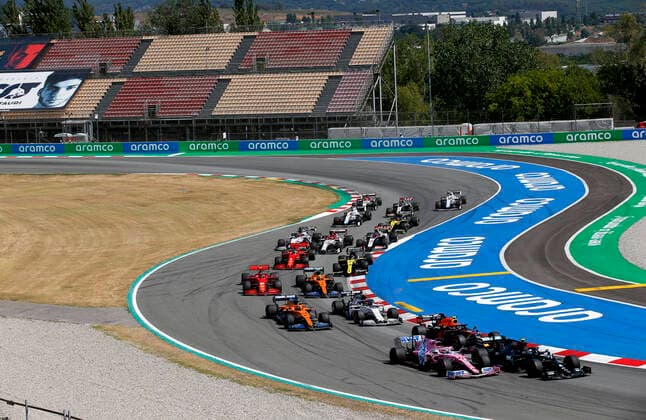 Motorsports: FIA Formula One World Championship, WM, Weltmeisterschaft 2020, Grand Prix of Spain, Start, 77 Valtteri Bottas (FIN, Mercedes-AMG Petronas Formula One Team), 11 Sergio Perez (MEX, BWT Racing Point F1 Team), 23 Alexander Albon (THA, Aston Martin Red Bull Racing), 55 Carlos Sainz (ESP, McLaren F1 Team), 10 Pierre Gasly (FRA, Scuderia AlphaTauri Honda), 16 Charles Leclerc (MCO, Scuderia Ferrari Mission Winnow), 4 Lando Norris (GBR, McLaren F1 Team), Barcelona Spain