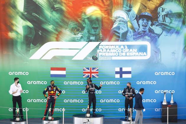Motorsports: FIA Formula One World Championship, WM, Weltmeisterschaft 2020, Grand Prix of Spain Motorsports: FIA Formula One World Championship 2020, Grand Prix of Spain, 33 Max Verstappen (NLD, Aston Martin Red Bull Racing), 44 Lewis Hamilton (GBR, Mercedes-AMG Petronas Formula One Team), 77 Valtteri Bottas (FIN, Mercedes-AMG Petronas Formula One Team),