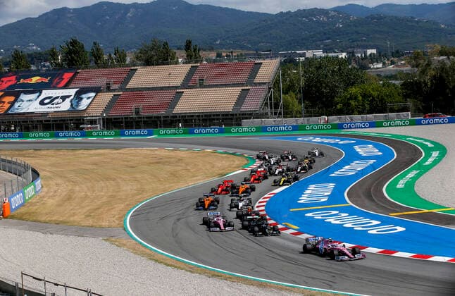 Motorsports: FIA Formula One World Championship, WM, Weltmeisterschaft 2020, Grand Prix of Spain, Start, 18 Lance Stroll (CAN, BWT Racing Point F1 Team), 77 Valtteri Bottas (FIN, Mercedes-AMG Petronas Formula One Team), 11 Sergio Perez (MEX, BWT Racing Point F1 Team), 23 Alexander Albon (THA, Aston Martin Red Bull Racing), 55 Carlos Sainz (ESP, McLaren F1 Team), 10 Pierre Gasly (FRA, Scuderia AlphaTauri Honda), Barcelona Spain