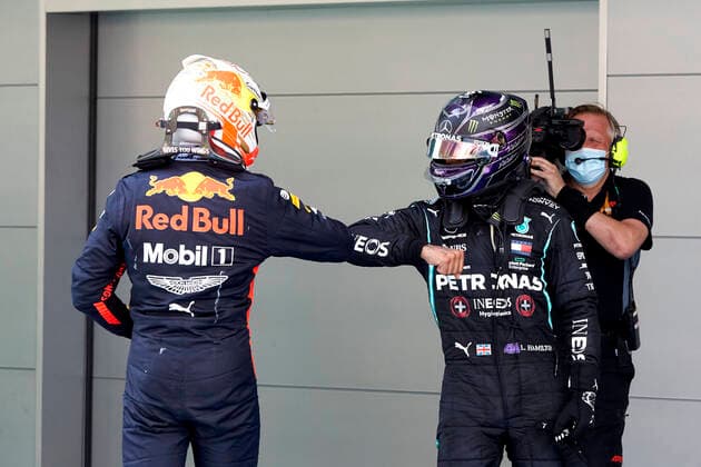 Motorsports: FIA Formula One World Championship, WM, Weltmeisterschaft 2020, Grand Prix of Spain Motorsports: FIA Formula One World Championship 2020, Grand Prix of Spain, 33 Max Verstappen (NLD, Aston Martin Red Bull Racing), 44 Lewis Hamilton (GBR, Mercedes-AMG Petronas Formula One Team),
