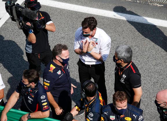 Motorsports: FIA Formula One World Championship, WM, Weltmeisterschaft 2020, Grand Prix of Spain, Christian Horner (GBR, Aston Martin Red Bull Racing), Toto Wolff (AUT, Mercedes AMG Petronas Motorsport), Toyoharu Tanabe (JPN, F1 Technical Director Honda), Barcelona Spain