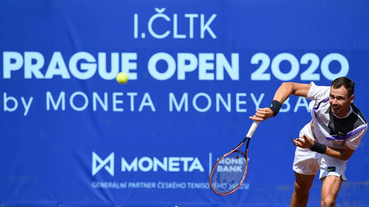 Tennis player Roman Safiullin of Russia (pictured) in action during the match I. CLTK Prague Open By Moneta Prague against Czech Tomas Rosol in Prague, Czech Republic, August 16, 2020. (CTKxPhoto MichalxKamaryt) CTKPhotoP202008160301201 kmt