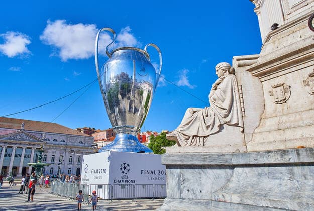 Preview images Football UEFA Champions League FC BAYERN MUENCHEN - OLYMPIC LYON, RB LEIPZIG - PARIS SG Lisbon, Lissabon, Portugal, 16th August 2020. Preview with a huge inflatable UEFA Champions League Trophy on Place DOM PEDRO IV before the semifinal match UEFA Champions League, final tournament FC BAYERN MUENCHEN - OLYMPIC LYON, RB LEIPZIG - PARIS SG in Season 2019 2020 Photographer: Peter Schatz Pool , via Eibner-Pressefoto , via Eibner-Pressefoto - UEFA REGULATIONS PROHIBIT ANY USE OF PHOTOGRAPHS as IMAGE SEQUENCES and or QUASI-VIDEO - National and international News-Agencies OUT Editorial Use ONLY Lisbon Estadio da Luz de Benfica Portugal