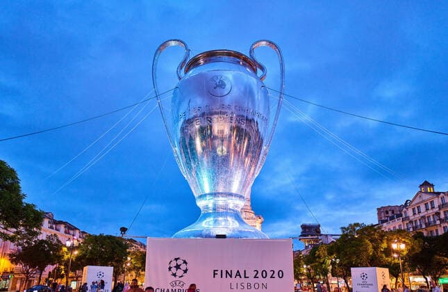 Preview images Football UEFA Champions League FC BAYERN MUENCHEN - OLYMPIC LYON, RB LEIPZIG - PARIS SG Lisbon, Lissabon, Portugal, 16th August 2020. Preview with a huge inflatable UEFA Champions League Trophy on Place DOM PEDRO IV before the semifinal match UEFA Champions League, final tournament FC BAYERN MUENCHEN - OLYMPIC LYON, RB LEIPZIG - PARIS SG in Season 2019 2020 Photographer: Peter Schatz Pool , via Eibner-Pressefoto , via Eibner-Pressefoto - UEFA REGULATIONS PROHIBIT ANY USE OF PHOTOGRAPHS as IMAGE SEQUENCES and or QUASI-VIDEO - National and international News-Agencies OUT Editorial Use ONLY Lisbon Estadio da Luz de Benfica Portugal
