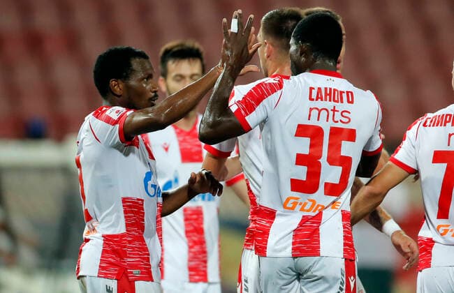 (SP)SERBIA-BELGRADE-FOOTBALL-CRVENA ZVEZDA VS EUROPA FC (200819) -- BELGRADE, Aug. 19, 2020 (Xinhua) -- Crvena Zvezda s El Fardou Ben Nabouhane (L) celebrates goal with teammates during UEFA Champions League first qualifying round football match between Crvena Zvezda and Europa FC in Belgrade, Serbia on Aug. 18, 2020. (Xinhua Predrag Milosavljevic) Belgrade