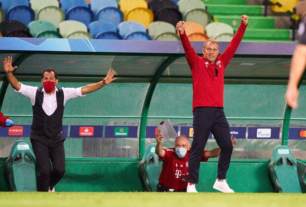 Sport Bilder des Tages Preview images Football UEFA Champions League FC BAYERN MUENCHEN - OLYMPIQUE LYON Lisbon, Lissabon, Portugal, 19th August 2020. Trainer Hansi FLICK (FCB), team manager, headcoach, coach, jubel beim 3-0, Hasan ( Brazzo ) Salihamidzic, FCB director FCB Co-Trainer Hermann GERLAND, in the semifinal match UEFA Champions League, final tournament FC BAYERN MUENCHEN - OLYMPIQUE LYON in season 2019 2020, FCB, Photographer: Peter Schatz - UEFA REGULATIONS PROHIBIT ANY USE OF PHOTOGRAPHS as IMAGE SEQUENCES and or QUASI-VIDEO - National and international News-Agencies OUT Editorial Use ONLY Lisbon Estadio Jose Alvalade XXI Portugal
