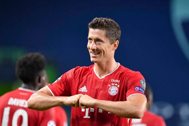 Jubel Robert LEWANDOWSKI (M). Fussball Champions League, Halbfinale, Olympique Lyon - FC Bayern Muenchen (M), am 19.08.2020 im Estadio Jose Alvalade in Lissabon Portugal. FOTO: Frank Hoermann SVEN SIMON Pool Â
