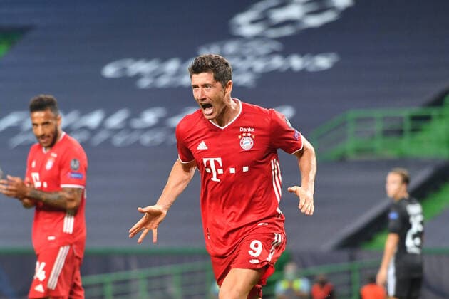 Torjubel Robert LEWANDOWSKI (Bayern Muenchen) nach Tor zum 0-3,Jubel,Freude,Begeisterung, Aktion. Fussball Champions League, Halbfinale, Olympique Lyon - FC Bayern Muenchen (M) 0-3, am 19.08.2020 im Estadio Jose Alvalade in Lissabon Portugal. FOTO: Frank Hoermann SVEN SIMON Pool NO use of any use photographs as image sequences and or quasi-video Editorial Use ONLY National and International News Agencies OUT