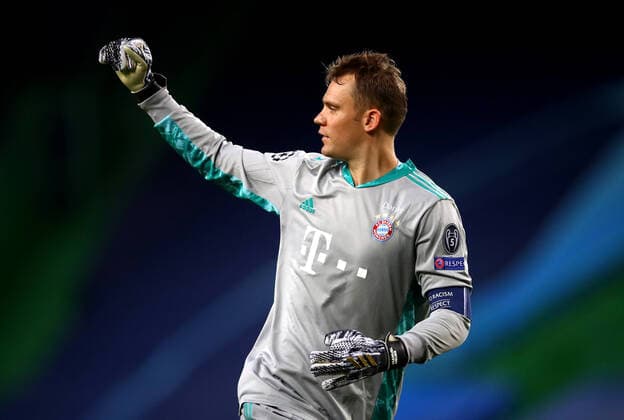 FOOTBALL : Bayern Munich vs Olympique Lyonnais - 1 2 - Phase finale - UEFA Ligue des Champions - Final 8 - Lisbonne - 19 08 2020 LISBON, PORTUGAL - AUGUST 19: Manuel Neuer of Bayern Munich celebrates after his teammate Serge Gnabry of Bayern Munich (not pictured) scored their sides second goal during the UEFA Champions League Semi Final match between Olympique Lyonnais and Bayern Munich at Estadio Jose Alvalade on August 19, 2020 in Lisbon, Portugal. Lisbonne Portugal
