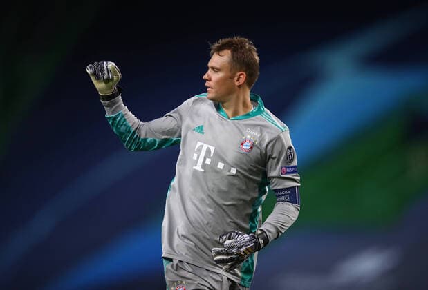 FOOTBALL : Bayern Munich vs Olympique Lyonnais - 1 2 - Phase finale - UEFA Ligue des Champions - Final 8 - Lisbonne - 19 08 2020 LISBON, PORTUGAL - AUGUST 19: Manuel Neuer of Bayern Munich celebrates after his teammate Serge Gnabry of Bayern Munich (not pictured) scored their sides second goal during the UEFA Champions League Semi Final match between Olympique Lyonnais and Bayern Munich at Estadio Jose Alvalade on August 19, 2020 in Lisbon, Portugal. Lisbonne Portugal