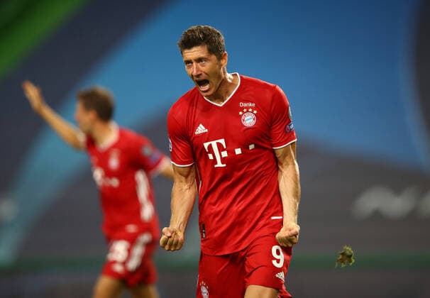 FOOTBALL : Bayern Munich vs Olympique Lyonnais - 1 2 - Phase finale - UEFA Ligue des Champions - Final 8 - Lisbonne - 19 08 2020 LISBON, PORTUGAL - AUGUST 19: Robert Lewandowski of Bayern Munich celebrates after scoring his team s third goal during the UEFA Champions League Semi Final match between Olympique Lyonnais and Bayern Munich at Estadio Jose Alvalade on August 19, 2020 in Lisbon, Portugal. Lisbonne Portugal