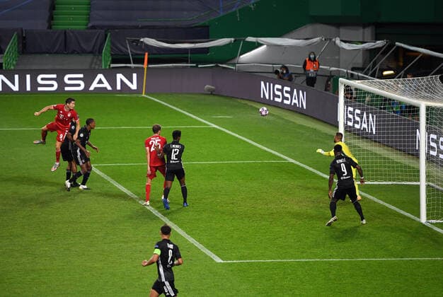 FOOTBALL : Bayern Munich vs Olympique Lyonnais - 1 2 - Phase finale - UEFA Ligue des Champions - Final 8 - Lisbonne - 19 08 2020 LISBON, PORTUGAL - AUGUST 19: Robert Lewandowski of Bayern Munich scores his team s third goal during the UEFA Champions League Semi Final match between Olympique Lyonnais and Bayern Munich at Estadio Jose Alvalade on August 19, 2020 in Lisbon, Portugal. Lisbonne Portugal