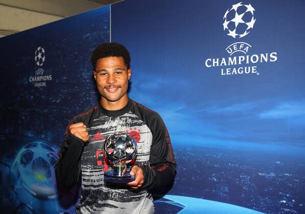 FOOTBALL : Bayern Munich vs Olympique Lyonnais - 1 2 - Phase finale - UEFA Ligue des Champions - Final 8 - Lisbonne - 19 08 2020 LISBON, PORTUGAL - AUGUST 19: Serge Gnabry of Bayern Munich pose for a photo with the UEFA Champions League Man of the Match award following his sides victory in the UEFA Champions League Semi Final match between Olympique Lyonnais and Bayern Munich at Estadio Jose Alvalade on August 19, 2020 in Lisbon, Portugal. Lisbonne Portugal