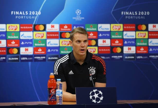 FOOTBALL : Bayern Munich vs Olympique Lyonnais - 1 2 - Phase finale - UEFA Ligue des Champions - Final 8 - Lisbonne - 19 08 2020 LISBON, PORTUGAL - AUGUST 19: Manuel Neuer of Bayern Munich speaks to the media during a press conference, PK, Pressekonferenz following the UEFA Champions League Semi Final match between Olympique Lyonnais and Bayern Munich at Estadio Jose Alvalade on August 19, 2020 in Lisbon, Portugal. Lisbonne Portugal