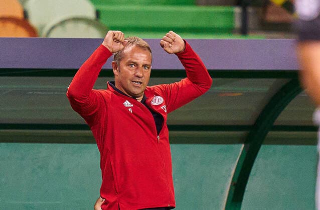 Football UEFA Champions League FC BAYERN MUENCHEN - OLYMPIQUE LYON 3-0 Lisbon, Lissabon, Portugal, 19th August 2020. Trainer Hansi FLICK (FCB), team manager, headcoach, coach, celebrate 3-0 goal, Robert LEWANDOWSKI, FCB 9 in the semifinal match UEFA Champions League, final tournament FC BAYERN MUENCHEN - OLYMPIQUE LYON 3-0 in season 2019 2020, FCB, Photographer: Peter Schatz Pool - UEFA REGULATIONS PROHIBIT ANY USE OF PHOTOGRAPHS as IMAGE SEQUENCES and or QUASI-VIDEO - National and international News-Agencies OUT Editorial Use ONLY Lisbon Estadio Jose Alvalade XXI Portugal