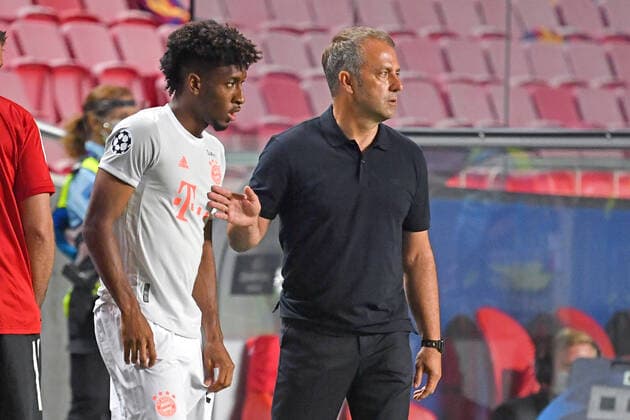 Fussball Champions League Viertelfinale FC Barcelona, Barca - FC Bayern Muenchen 2-8 Hans Dieter Flick (Hansi ,Trainer Bayern Muenchen) mit Kingsley COMAN (Bayern Muenchen) vor Einwechslung, Fussball Champions League, Viertelfinale, FC Barcelona (Barca) - FC Bayern Muenchen (M) 2-8 am 14.08.2020 in Lissabon Portugal,Estadio da Luz. FOTO: Frank Hoermann SVEN SIMON Pool NO use of any use photographs as image sequences and or quasi-video Editorial Use ONLY National and International News Agencies OUT Lissabon Estadio da Luz Portugal