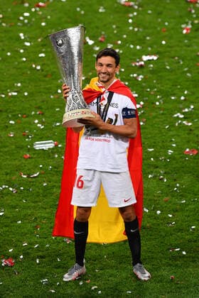 (SP)GERMANY-COLOGNE-UEFA-EUROPA LEAGUE-FINAL-INTER MILAN VS SEVILLA (200822) -- COLOGNE, Aug. 22, 2020 (Xinhua) -- Jesus Navas of Sevilla celebrates with the UEFA Europa League trophy after the team s victory in the UEFA Europa League final between FC Inter and Sevilla FC in Cologne, Germany, Aug. 21, 2020. FOR EDITORIAL USE ONLY. NOT FOR SALE FOR MARKETING OR ADVERTISING CAMPAIGNS. (Stuart Franklin UEFA Handout via Xinhua Pool) Cologne