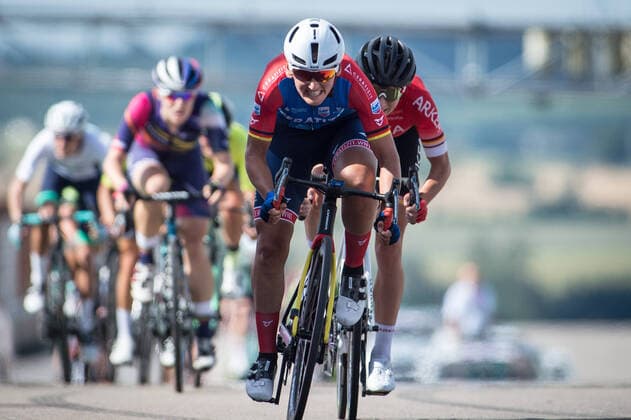 Lisa Brennauer (GER Ceratizit-WNT Pro Cycling Team) gewinnt im Massensprint vor Charlotte Becker (GER Arkea Pro Cycling Team) und Tanja Erath (GER Canyon-SRAM Racing) - Finish - Ziel - Zielsprint - Zielankunft - Finale - Final - Sprint - Jubel - Freude - Luck - Emotion - Emotionen - Mimik - Mimic - Gestik - Gestic - Aktion Rennszene - Querformat - quer - horizontal - Event Veranstaltung: Deutsche Meisterschaften - Strassenrennen - Elite Frauen - Sachsenring to nach Sachsenring 98.0 km (28 Runden a 3.5 km) - Ort Location: Sachsenring Rennstrecke - Region: Sachsen - Land Country: Deutschland Germany - Datum Date: 23.08.2020