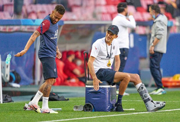 Training MD-1 Football UEFA Champions League FC BAYERN MUENCHEN - PARIS SAINT GERMAIN (PSG) Lisbon, Lissabon, Portugal, 22nd August 2020. Thomas TUCHEL, PSG Trainer NEYMAR, PSG 10 in the training session for the final match UEFA Champions League, final tournament FC BAYERN MUENCHEN - PARIS SAINT GERMAIN (PSG) in season 2019 2020, FCB, Photographer: Peter Schatz Pool - UEFA REGULATIONS PROHIBIT ANY USE OF PHOTOGRAPHS as IMAGE SEQUENCES and or QUASI-VIDEO - National and international News-Agencies OUT Editorial Use ONLY Lisbon Estadio da Luz de Benfica Portugal