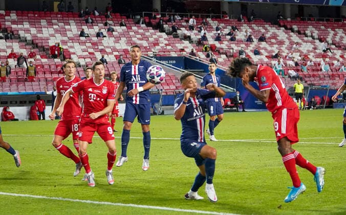 Final Football UEFA Champions League FC BAYERN MUENCHEN - PARIS ST. GERMAIN (PSG) Lisbon, Lissabon, Portugal, 23rd August 2020. Tor zum 1:0 durch Kingsley Coman (Muenchen) gegen Thilo Kehrer (PSG) in the final match UEFA Champions League, final tournament FC BAYERN MUENCHEN - PARIS ST. GERMAIN (PSG) in season 2019 2020, FCB, Photographer: Peter Schatz Pool - UEFA REGULATIONS PROHIBIT ANY USE OF PHOTOGRAPHS as IMAGE SEQUENCES and or QUASI-VIDEO - National and international News-Agencies OUT Editorial Use ONLY Lisbon Estadio da Luz de Benfica Portugal