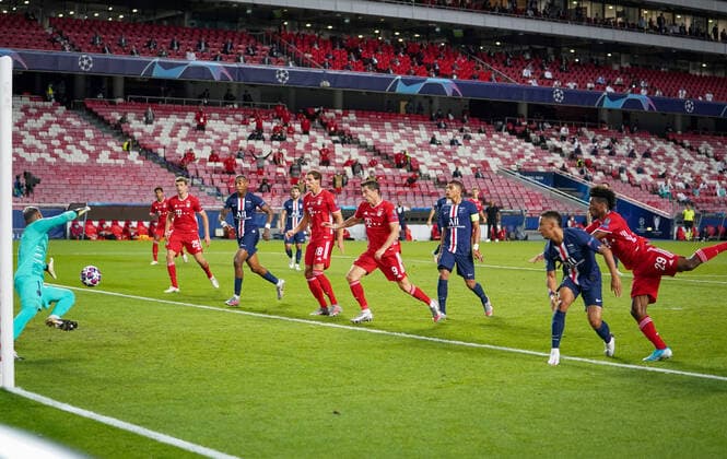 Final Football UEFA Champions League FC BAYERN MUENCHEN - PARIS ST. GERMAIN (PSG) Lisbon, Lissabon, Portugal, 23rd August 2020. Tor zum 1:0 durch Kingsley Coman (Muenchen) gegen Thilo Kehrer (PSG) und Torwart Keylor Navas (PSG) in the final match UEFA Champions League, final tournament FC BAYERN MUENCHEN - PARIS ST. GERMAIN (PSG) in season 2019 2020, FCB, Photographer: Peter Schatz Pool - UEFA REGULATIONS PROHIBIT ANY USE OF PHOTOGRAPHS as IMAGE SEQUENCES and or QUASI-VIDEO - National and international News-Agencies OUT Editorial Use ONLY Lisbon Estadio da Luz de Benfica Portugal