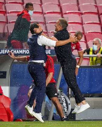 Final Football UEFA Champions League FC BAYERN MUENCHEN - PARIS ST. GERMAIN (PSG) Lisbon, Lissabon, Portugal, 23rd August 2020. Schlussjubel: Sportdirektor Hasan Salihamidzic (Muenchen), Trainer Hansi Flick (Muenchen) in the final match UEFA Champions League, final tournament FC BAYERN MUENCHEN - PARIS ST. GERMAIN (PSG) in season 2019 2020, FCB, Photographer: Peter Schatz Pool - UEFA REGULATIONS PROHIBIT ANY USE OF PHOTOGRAPHS as IMAGE SEQUENCES and or QUASI-VIDEO - National and international News-Agencies OUT Editorial Use ONLY Lisbon Estadio da Luz de Benfica Portugal