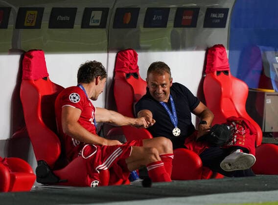 Final Football UEFA Champions League FC BAYERN MUENCHEN - PARIS ST. GERMAIN (PSG) Lisbon, Lissabon, Portugal, 23rd August 2020. Jubel: Leon Goretzka (Muenchen), Trainer Hansi Flick (Muenchen) in the final match UEFA Champions League, final tournament FC BAYERN MUENCHEN - PARIS ST. GERMAIN (PSG) in season 2019 2020, FCB, Photographer: Peter Schatz Pool - UEFA REGULATIONS PROHIBIT ANY USE OF PHOTOGRAPHS as IMAGE SEQUENCES and or QUASI-VIDEO - National and international News-Agencies OUT Editorial Use ONLY Lisbon Estadio da Luz de Benfica Portugal