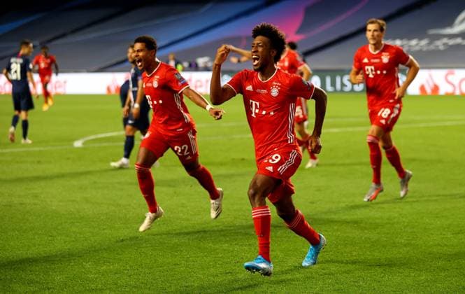 FOOTBALL : Paris Saint Germain vs Bayern Munich - Finale - UEFA Ligue des Champions - 23 08 2020 LISBON, PORTUGAL - AUGUST 23: Kingsley Coman of FC Bayern Munich celebrates after scoring his team s first goal during the UEFA Champions League Final match between Paris Saint-Germain and Bayern Munich at Estadio do Lisboa e Benfica on August 23, 2020 in Lisbon, Portugal. Lisbonne Portugal