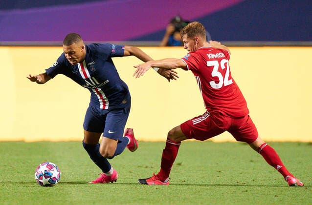 Final Football UEFA Champions League FC BAYERN MUENCHEN - PARIS SAINT GERMAIN (PSG) 1-0 Lisbon, Lissabon, Portugal, 23rd August 2020. Kylian MBAPPE, PSG 7 compete for the ball, tackling, duel, header, zweikampf, action, fight against Joshua KIMMICH, FCB 32 in the final match UEFA Champions League, final tournament FC BAYERN MUENCHEN - PARIS ST. GERMAIN (PSG) 1-0 in season 2019 2020, FCB, Photographer: Peter Schatz Pool - UEFA REGULATIONS PROHIBIT ANY USE OF PHOTOGRAPHS as IMAGE SEQUENCES and or QUASI-VIDEO - National and international News-Agencies OUT Editorial Use ONLY Lisbon Estadio da Luz de Benfica Portugal
