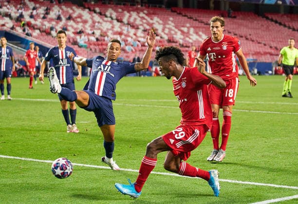 Final Football UEFA Champions League FC BAYERN MUENCHEN - PARIS SAINT GERMAIN (PSG) 1-0 Lisbon, Lissabon, Portugal, 23rd August 2020. Kingsley COMAN, FCB 29 Leon GORETZKA, FCB 18 compete for the ball, tackling, duel, header, zweikampf, action, fight against Thilo KEHRER, PSG 4 in the final match UEFA Champions League, final tournament FC BAYERN MUENCHEN - PARIS ST. GERMAIN (PSG) 1-0 in season 2019 2020, FCB, Photographer: Peter Schatz Pool - UEFA REGULATIONS PROHIBIT ANY USE OF PHOTOGRAPHS as IMAGE SEQUENCES and or QUASI-VIDEO - National and international News-Agencies OUT Editorial Use ONLY Lisbon Estadio da Luz de Benfica Portugal