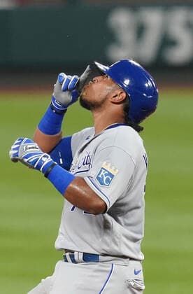 Kansas City Royals Meibrys Viloria points skyward after touching second base with a double in the third inning against the St. Louis Cardinals at Busch Stadium in St. Louis on Monday, August 24, 2020.  SLP2020082410 BILLxGREENBLATT