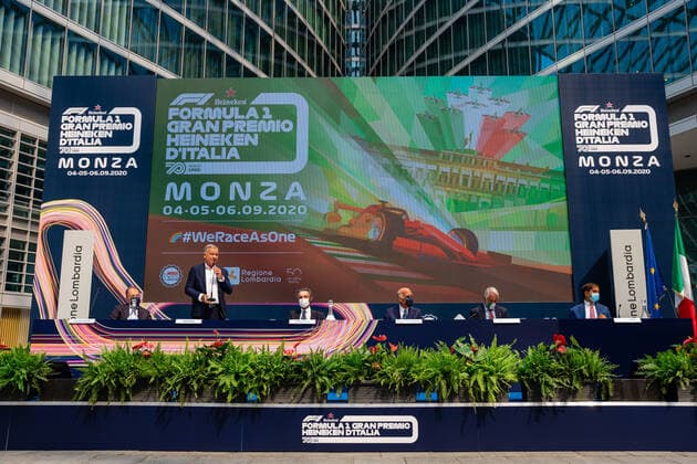 Angelo Sticchi Damiani, President of ACI (Automobile Club Italia) with Giovanni Malago, President of the Italian National Olympic Committee (CONI) and member of the International Olympic Committee, Geronimo La Russa, President of Automobile club Milano, Attilio Fontana, President of Regione Lombardia, Giuseppe Redaelli, President of SIAS and Dario Allevi, Mayor of Monza and former President of the Province of Monza and Brianza during F1 Grand Prix Heineken of Italy press conference, PK, Pressekonferenz Formula 1 Championship in Milan, Italy, August 27 2020  Copyright: xLM FrancescoxScaccianocex xIPAx xLivexMediax 0