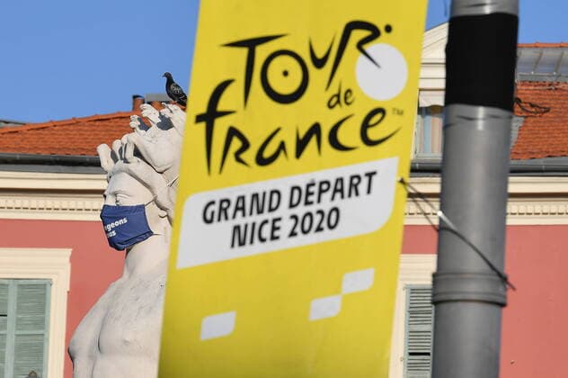 A logo pictured at the team presentation ahead of the 107th edition of the Tour de France cycling race, in Nice, France, Thursday 27 August 2020. This year s Tour de France was postponed due to the worldwide Covid-19 pandemic. The 2020 race starts in Nice on Saturday 29 August and ends on 20 September. DAVIDxSTOCKMAN  x05845877x