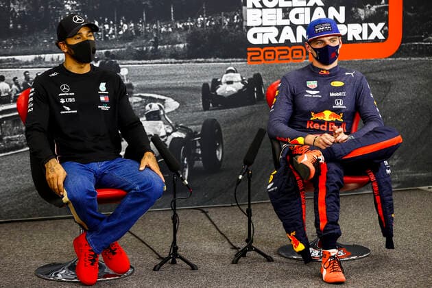 Motorsports: FIA Formula One World Championship, WM, Weltmeisterschaft 2020, Grand Prix of Belgium Motorsports: FIA Formula One World Championship 2020, Grand Prix of Belgium, 44 Lewis Hamilton (GBR, Mercedes-AMG Petronas Formula One Team), 33 Max Verstappen (NLD, Aston Martin Red Bull Racing),