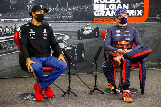 Motorsports: FIA Formula One World Championship, WM, Weltmeisterschaft 2020, Grand Prix of Belgium Motorsports: FIA Formula One World Championship 2020, Grand Prix of Belgium, 44 Lewis Hamilton (GBR, Mercedes-AMG Petronas Formula One Team), 33 Max Verstappen (NLD, Aston Martin Red Bull Racing),