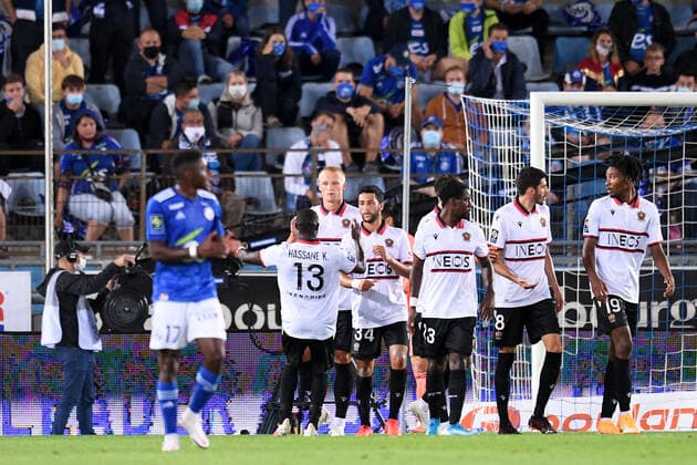 JOIE - 09 KASPER DOLBERG (NICE) - 34 EDDY SYLVESTRE (NICE) FOOTBALL : Strasbourg vs Nice - Ligue 1 Uber Eats - 29 08 2020 FEP Panoramic 